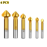6pc Woodwork Drill Bit Tool Set, 90 Degree Three Blade Full Grind Chamfer Cutter for Hole Enlargement Deburring Spot Facer Drill