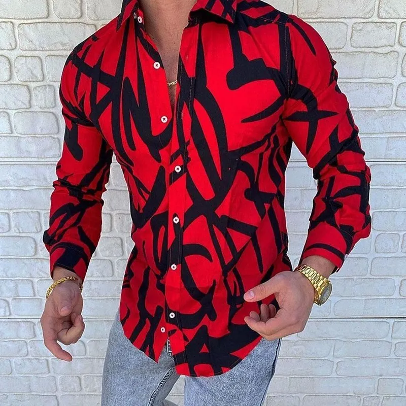 Camisa casual de manga comprida justa masculina, multicolorida, lapela invisível, impressa em 3D, tendência de rua, Back Street, primavera e verão, quente