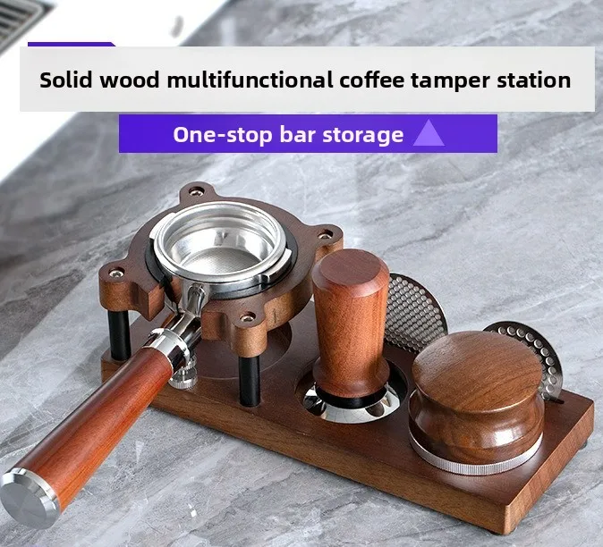 Solid Wood Coffee Tamper Station 51 53 58mm Distributor Holder with Portafilter Stand and Removable Waste Drawer