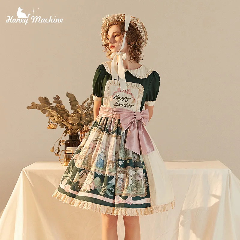 

Lolita Sweet Girl Short Sleeve Op Embroidered Elegant Lace Bowknot Peter Pan Collar High Waist Victorian Dress Kawaii Girl Cos