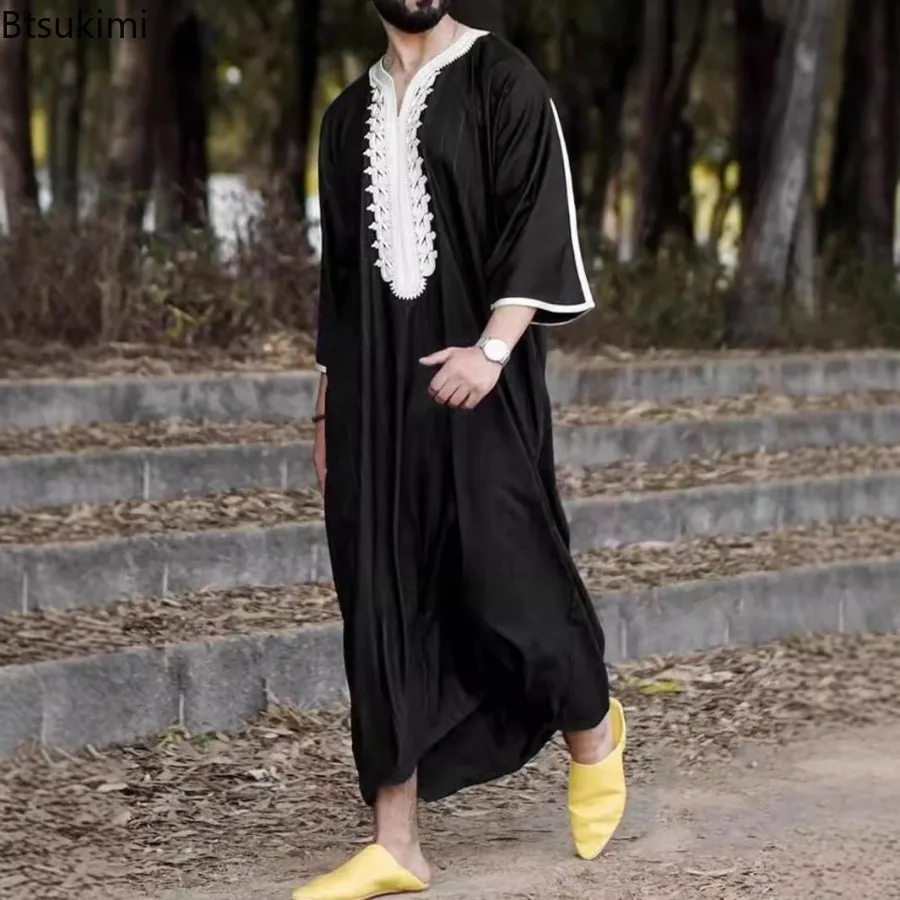 2025 nova moda muçulmana masculina abayas listra bordado jubba thobe árabe roupas islâmicas manga longa casual caftan dubai robes