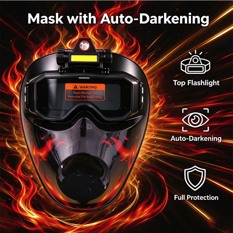 Professional Welding Helmet True Color Auto Darkening, Built-in Headlight & 4 High Sensitivity Sensors, DIN 4/5-9/9-13 Dual Use