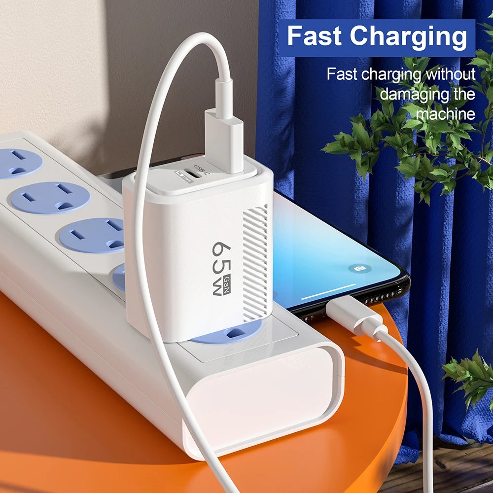 GAN-Chargeur de téléphone portable USB C, charge rapide, adaptateur haute vitesse pour iPhone, Xiaomi, Samsung, total 65W