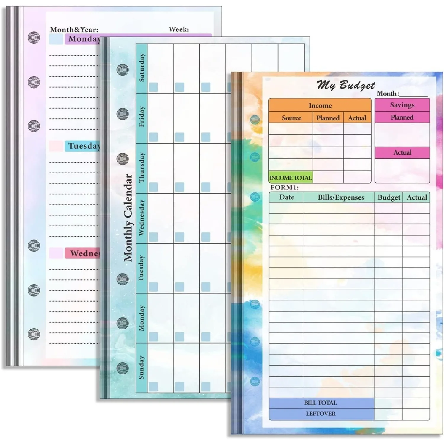 

Set of 6-hole A6 binder refills with monthly planner, weekly planner budget sheet set, binder set for cash, savings