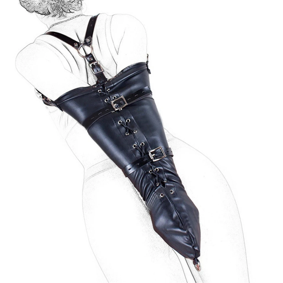 BDSM Binding Arm Binder,Behind Back Straight Jacket,Leather Armbinder Bondage Slave Lockable Glove Handcuff With Shoulder Straps