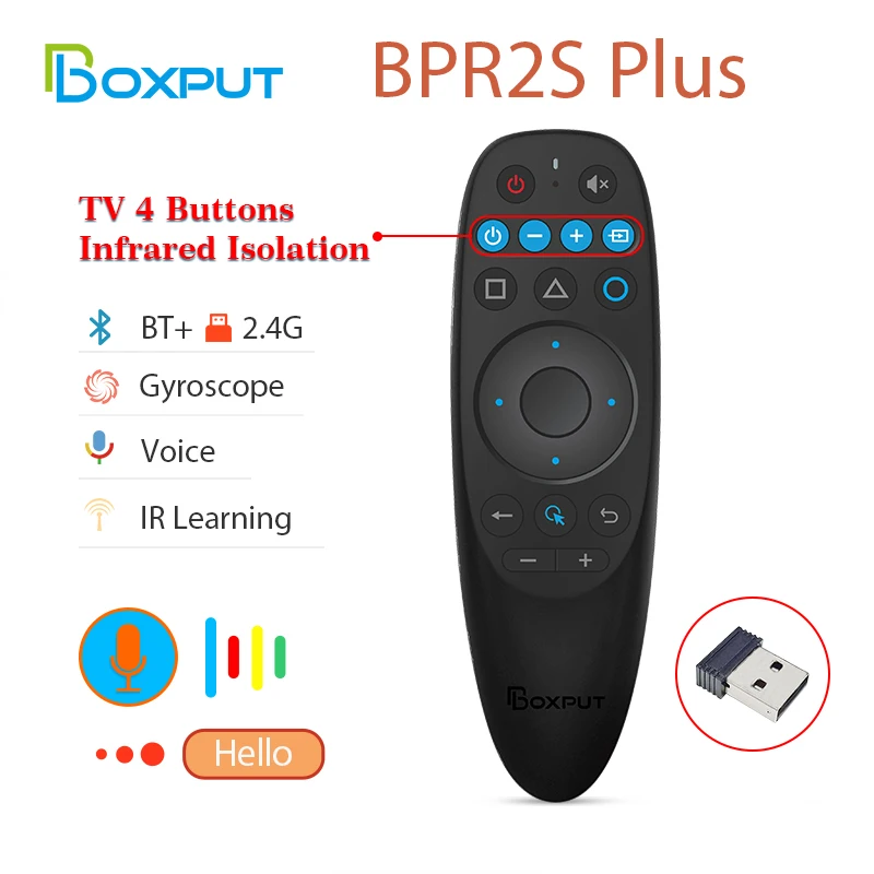 BOXPUT BPR2S Plus Bluetooth 2.4G Air Mouse Voice Control IR Learning TV 4Keys IR Isolation Gyroscope for Android TV Box TV Stick