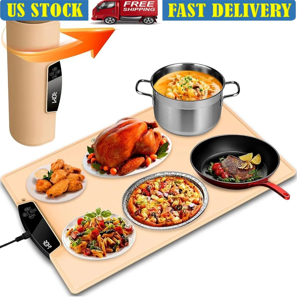 

Portable Electric Food Warming Mat Silicone Heating Tray Buffet Server Timed Function Rapid Heat Parties Gatherings