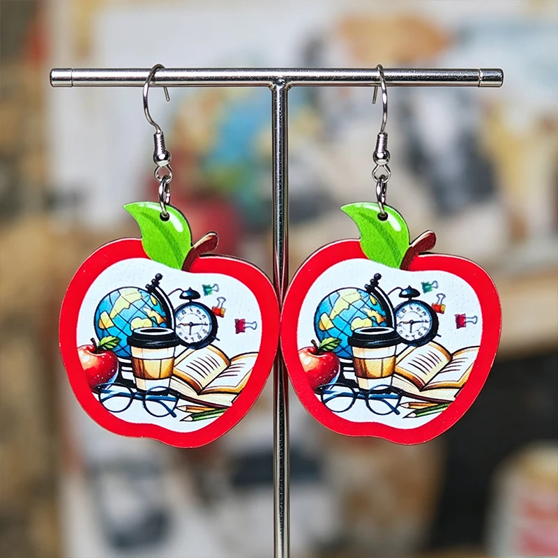 Wooden Apple Earrings, Coffee Cups, Eye Alarm Clock, Book Earrings, Graduation Gifts for the Start of School Season