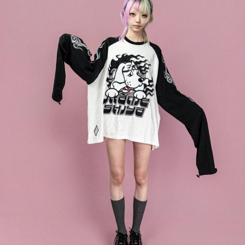 Y2K Harajuku Lolita Long Raglan Sleeve T Shirt Women Vintage Washed Cartoon Dog Foam Print Oversized Loose Fit Streetwear Outfit