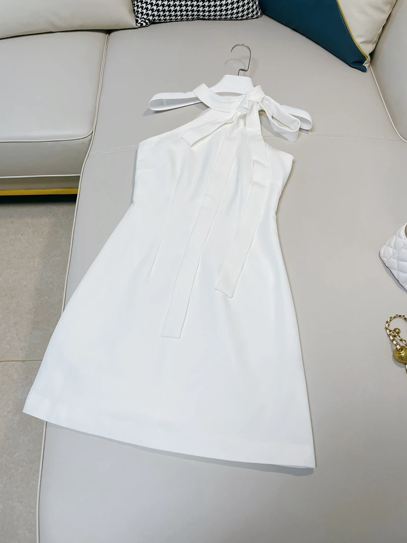 Vestido Blanco de Verano con Diseño de Cuello Cole y Lazo de Mariposa, Estilo Deado, Estilo Vacacional para Mujer