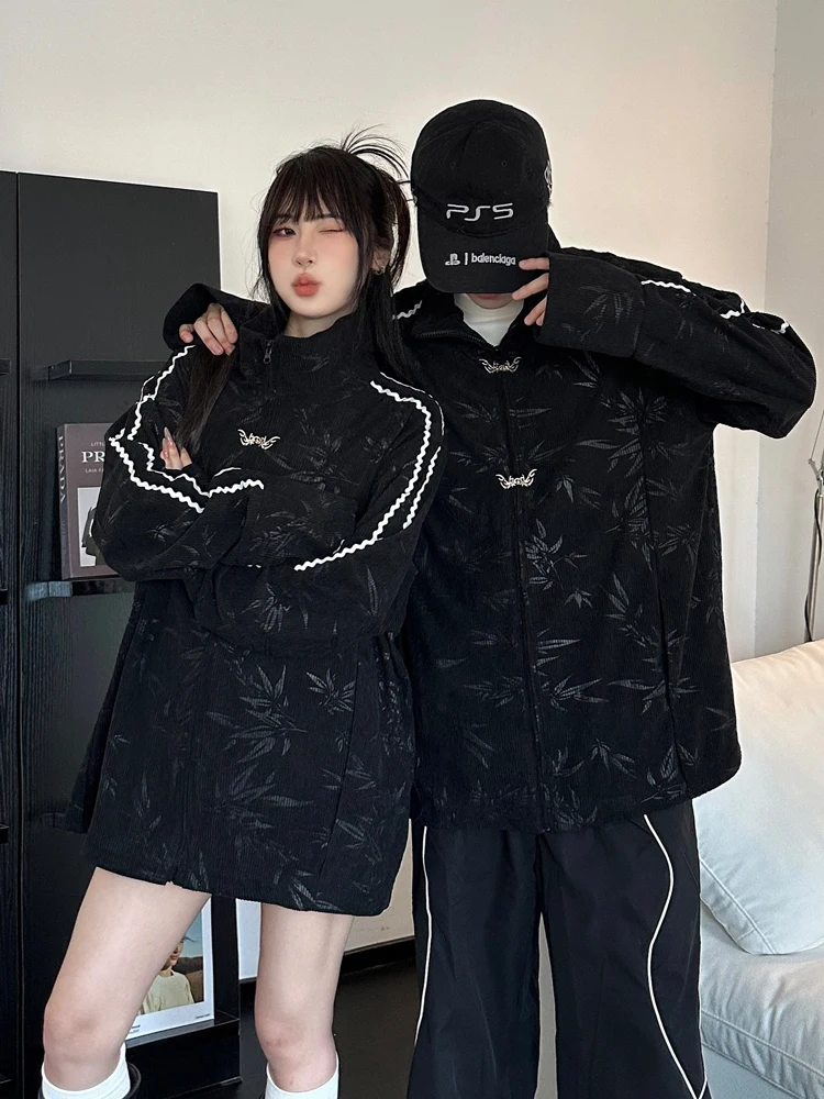 New Chinese Style Casual Corduroy Jacket for Men And Women Autumn Vintage Small Design Sense Bamboo Leaf Couple Outfit