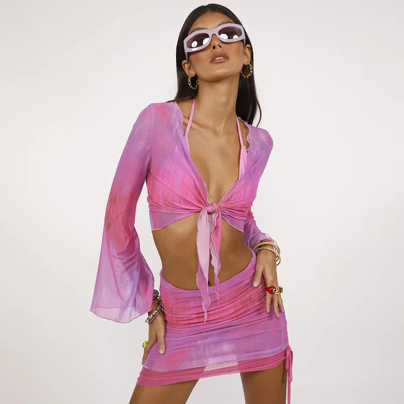

New Women Sexy Tassel T-shirt Long Sleeve Top Cropped Bandage Tops Purple Clothes Shirt Vintage Tshirt Tee Y2k Women Clothing