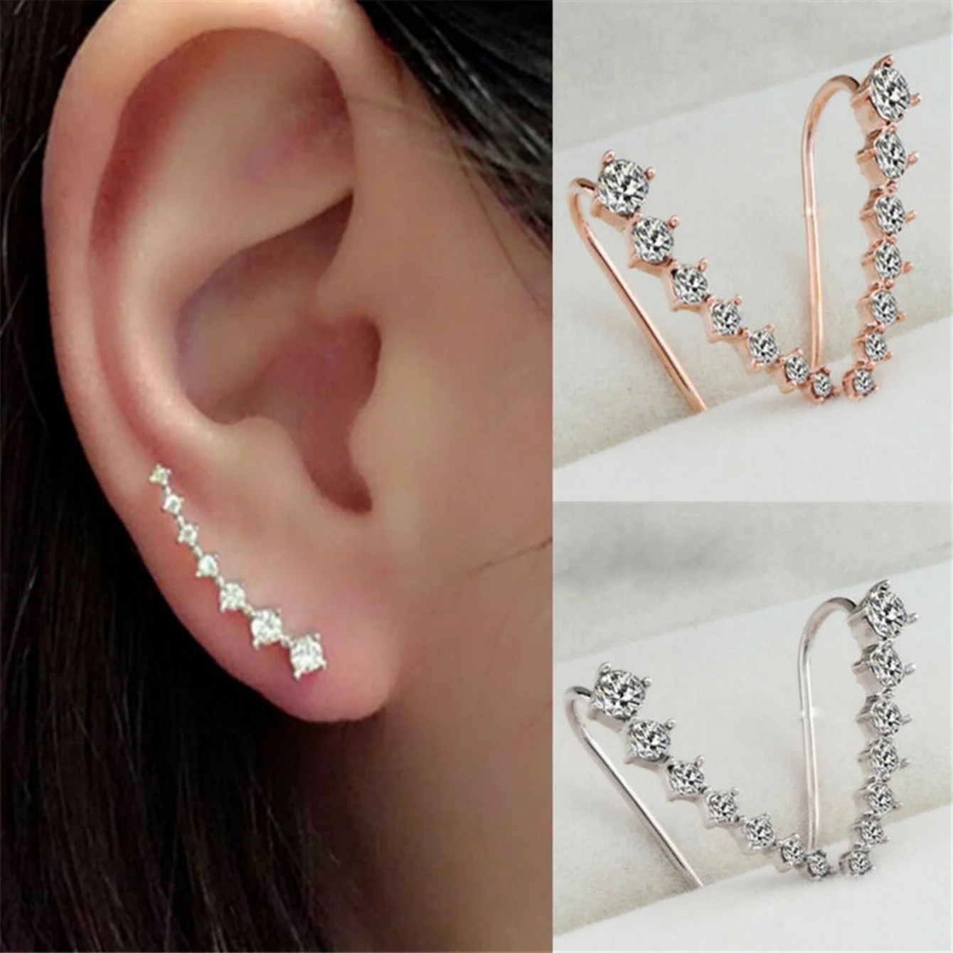 Chic Women Stud Earrings Crystal Ear Climbers / Crawlers Clear Rhinestone Earring For Women Party Jewelry Gift 1 Pair