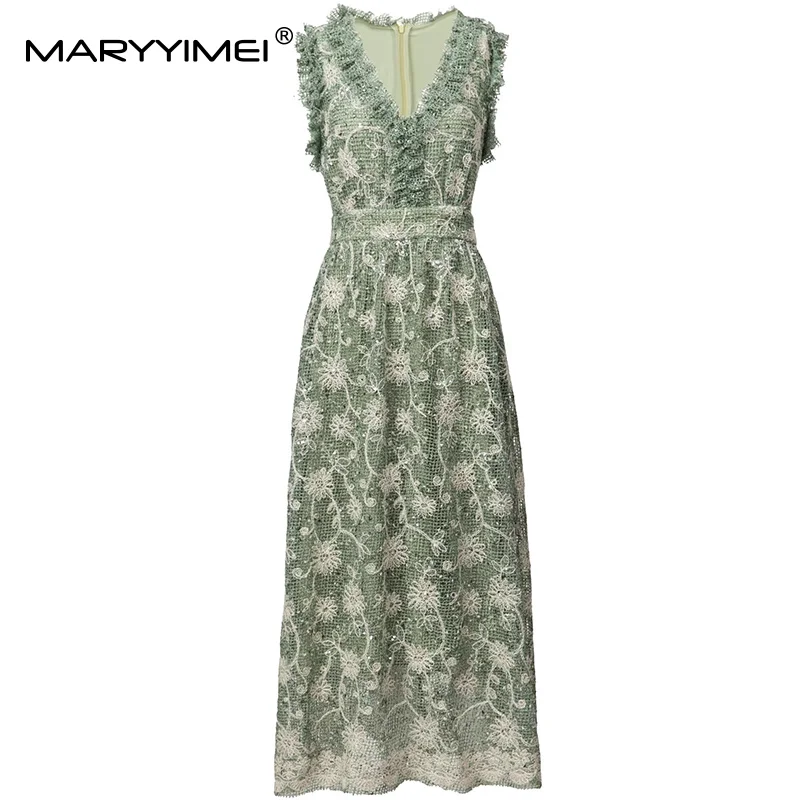 

MARYYIMEI Fashion design Women's Evening Dress Elegant V-Neck Sleeveless Sequins Ball Gown Dresses Spring Summer 2025 New