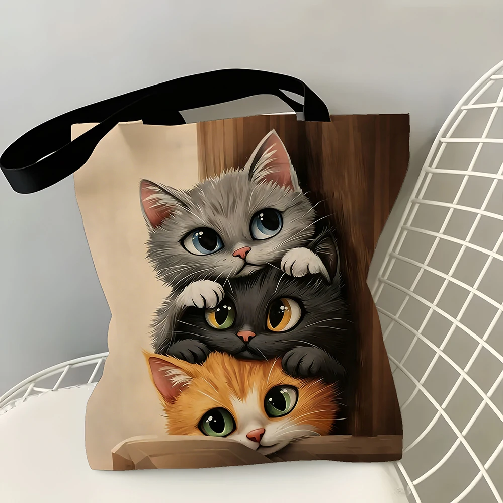 1pc Stacked Cute Kittens Canvas Tote Bag Adorable Realistic Cat Family Peeking Print Eco Friendly Pet Lover Shoulder Bag