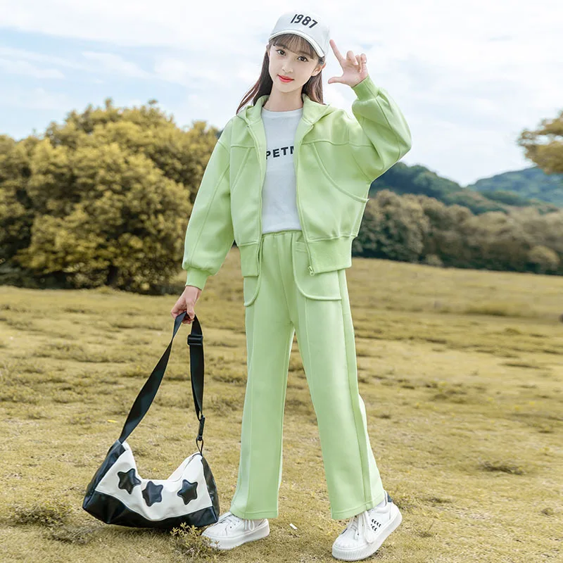 

2025 Korean Autumn Junior Girl Tracksuit 2pcs School Girl Zipper Hooded Outwear+Straight Sport Pants Child Sports Suit 5-14Yrs
