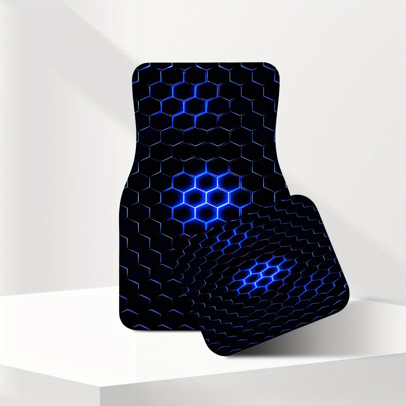 4pcs Blue Hexagonal Array Printed Car Floor Mats | Fashionable Interior Additions, Easy To Clean, Suitable For Cars, Vans, SUVs,