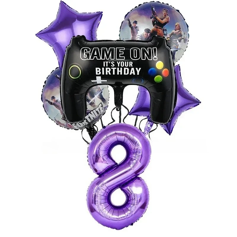 Ensemble de ballons d'anniversaire pour fille Fortnite, 6 pièces, film en aluminium, ballon numéro 32 pouces, décoration de fête d'anniversaire, fond de scène