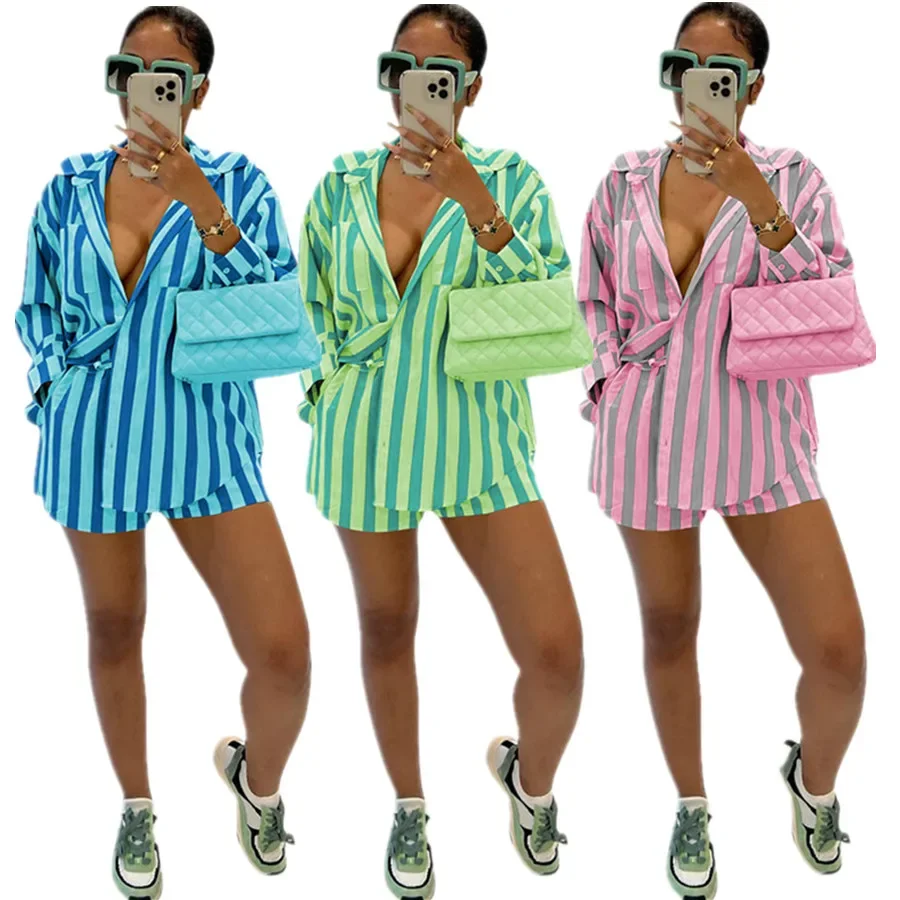 Print Striped Women Turn Down Collar Two Piece Sets Single Breasted Full Sleeve Splice Loose Coats Short Pants Set Autumn