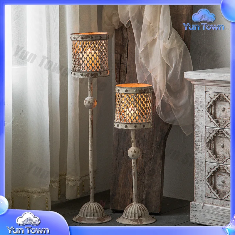 Rustic Vintage Floor Candle Holder for Photo Studio Decor Iron Hollow Design Antique Style Home Decoration for US Market