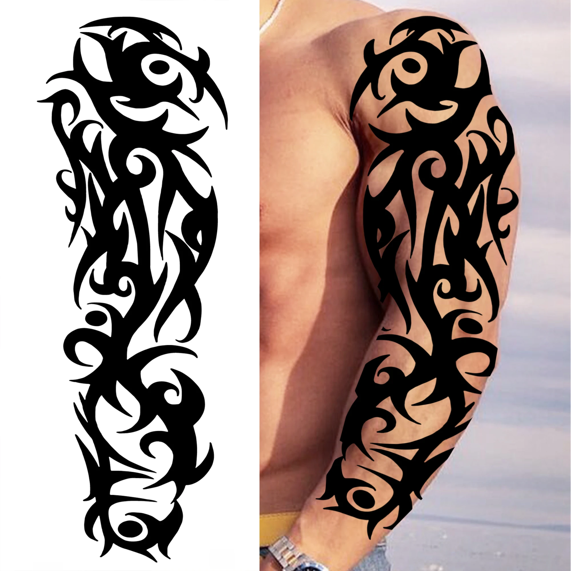 1 Sheet Tribal Maori Totem Full Arm Armband Barbed Wire Temporary Tattoos For Men Adults Fake Black Temp Sticker Sleeve Large