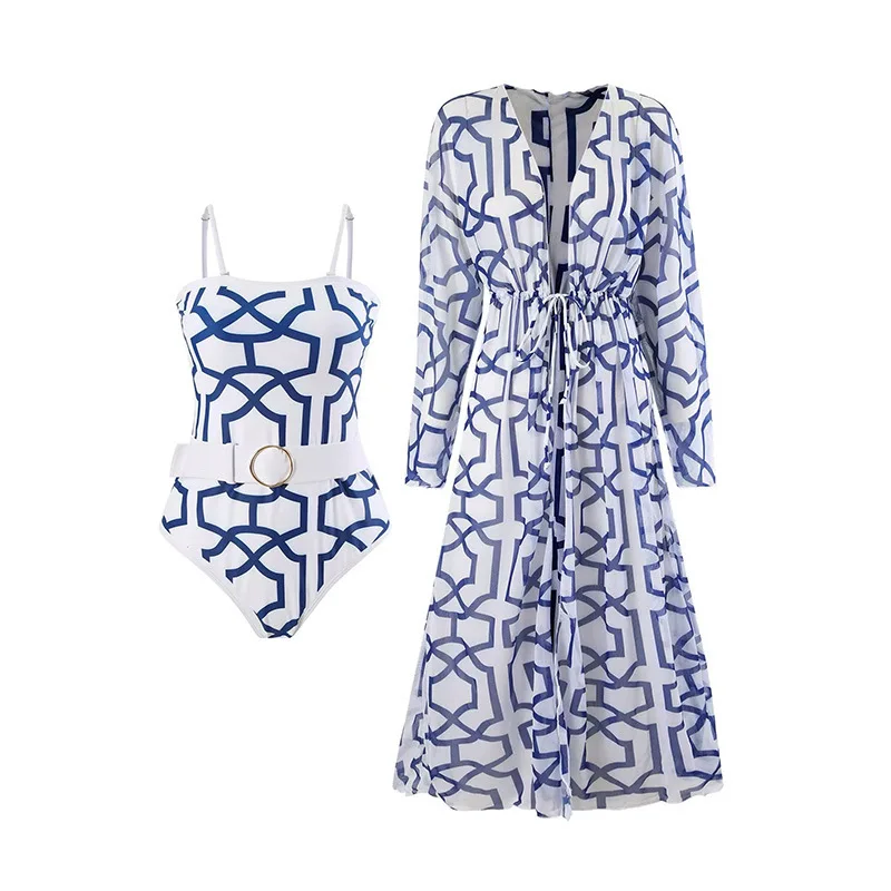 New printed one-piece swimsuit for women, two-piece set with long-sleeve cover-up, French retro style, floral pattern for hot sp