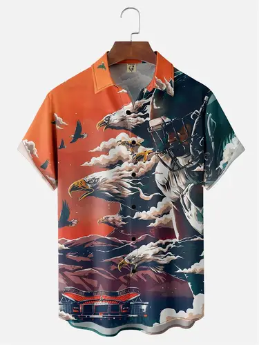 Men's Retro Short Sleeve Beach Shirt Summer Casual Ukiyoe Kitten Fishing Shark Print Hawaiian Shirts Men's Lapel Aloha Shirt - Image 3