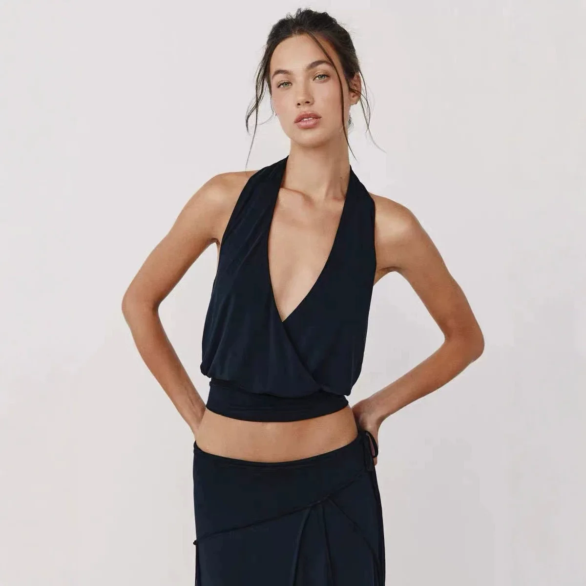 Women White Halter Deep V Two Piece Set Sleeveless Crop Top Asymmetrical Midi Skirt Breathable Casual Beach Party Outfit