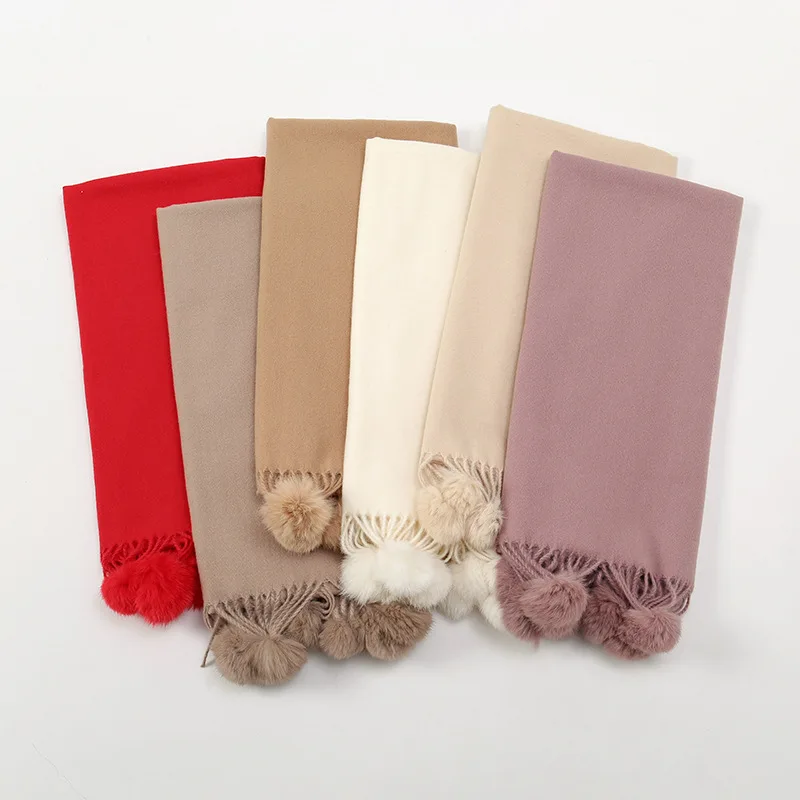 New Winter Warm Imitation Cashmere Scarf Women Luxury Solid Fringed Pompom Shawls Pashmina Thick Scarves Wrap Lady Blanket Hijab