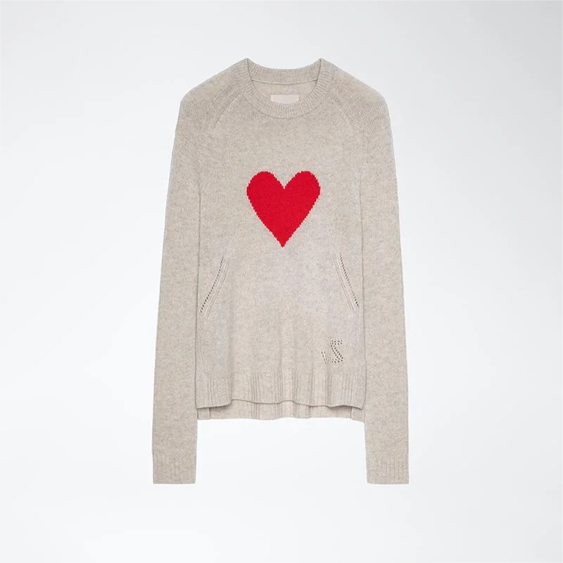 Zadig Heart Sweaters Embroidery Women Sweaters Autumn Winter 0-Neck Long Sleeve Knitted Female Sweatshirt Khaki Pullover Tops