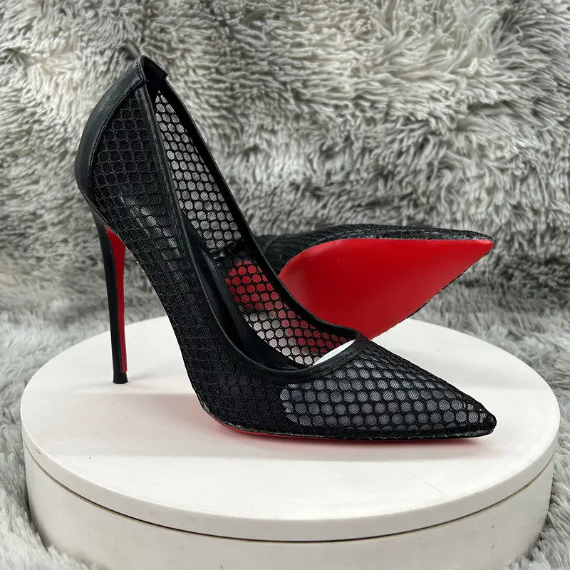 2026 New 12cm Bare Matte Mesh Fine Heels with Pointed Shallow Mouth Single Shoes for Women, Sexy and Comfortable