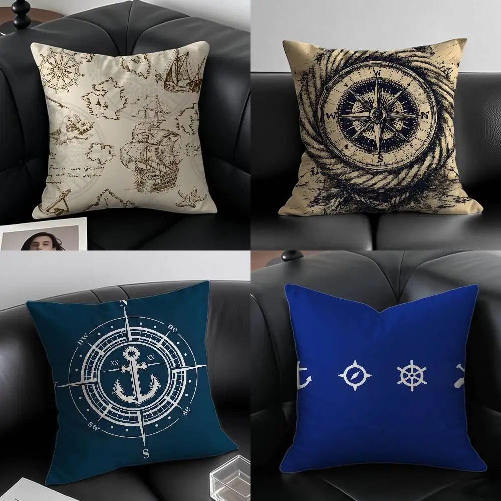 Ozeanblauer Kompass mit Anker-Kissenbezug, Anti-Dustmite-Kissenbezug, unsichtbarer Reißverschluss, seidiger, kurzer Plüsch-Sofa-Kissenbezug