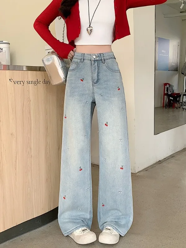 

High Waist Embroidered Straight Leg Jeans plus Size Casual Wide Leg Pants Vintage Style Korean Fashion Autumn New Arrivals