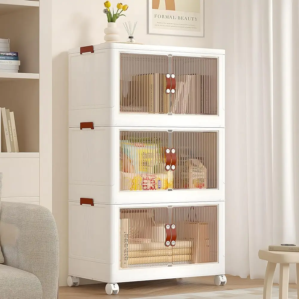 

20 Gal Stackable Storage Bins With Lid, 3 Pa Plastic Collapsible Storage Cabinet, Foldable Folding Box Organizer/Storage