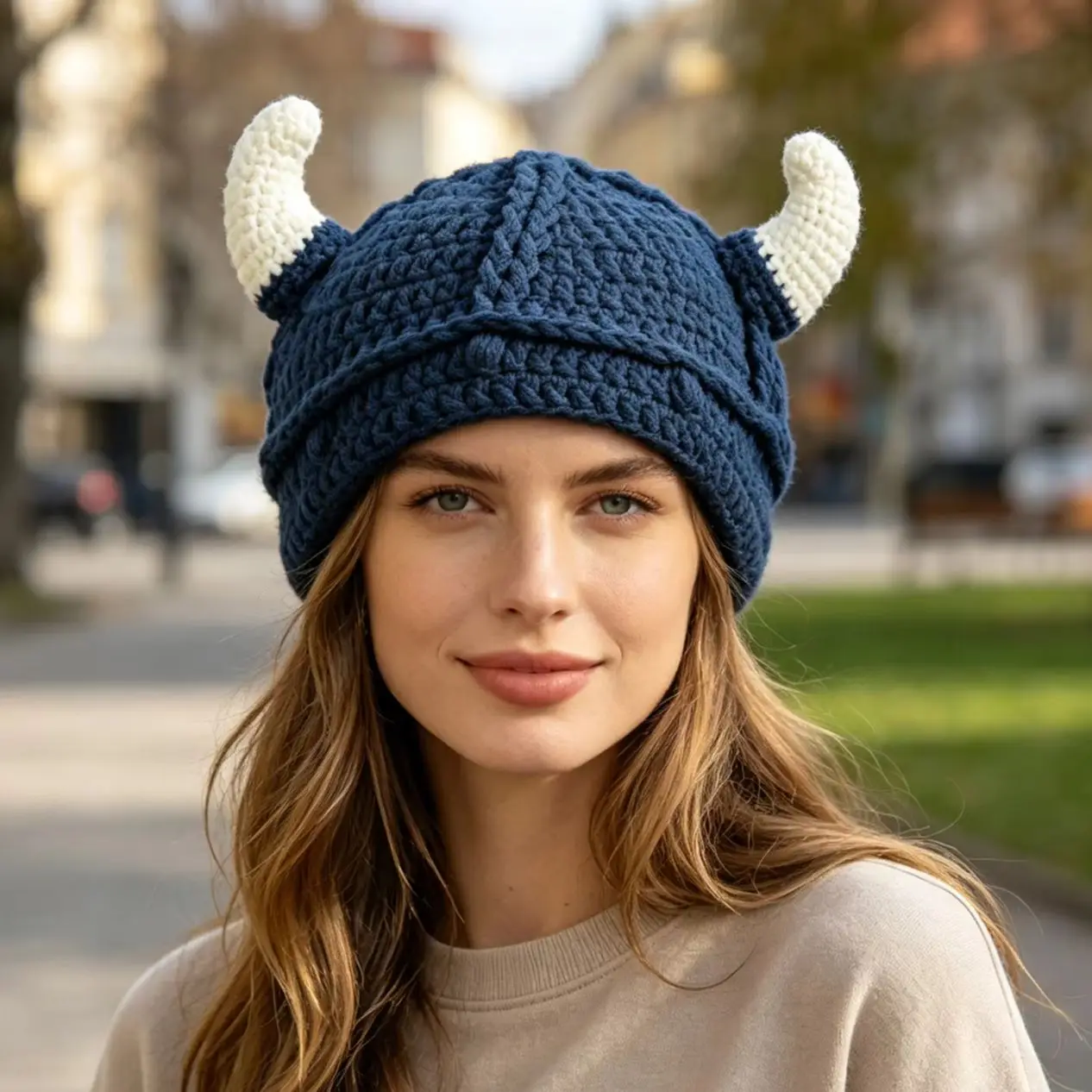 Women/Men Crochet Viking Horn Beanie Hat Handmade Knitted 3d Ox Horn Viking Helmet Style Cap Medieval Cosplay Party Winter Hat