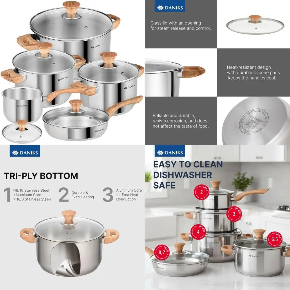 

10-Piece Stainless Steel Cookware Set with Glass Lids, Frying Pan and Saucepan Included, Even Heat Distribution, Induction Ready