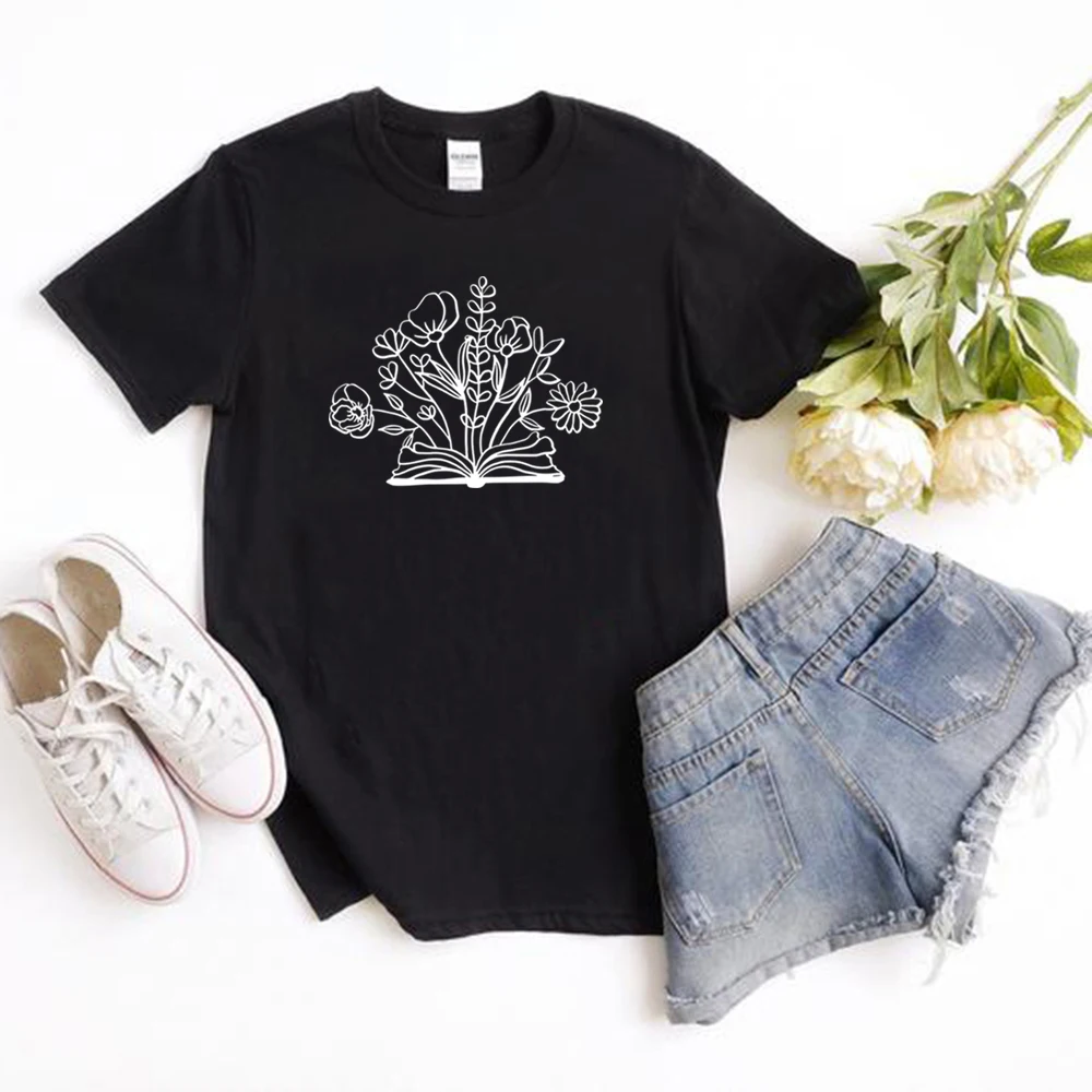 Floral Book Lover T Shirt Flower Shirt Book Lover Tshirt Reading Tee Gift for Teacher Women T-shirt Short Sleeve Casual Tops