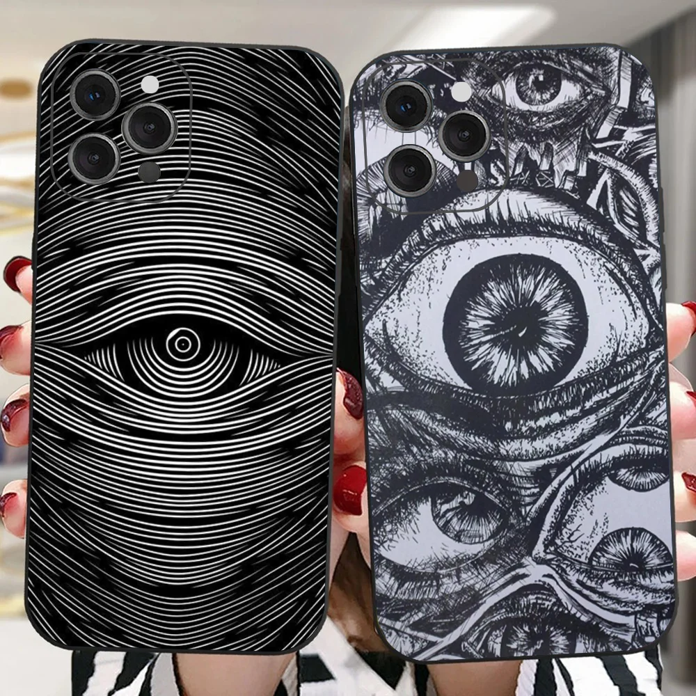 Black Scary Ghost Eye Line Art Phone Case For IPhone 16 15 14 13 Pro Max 11 12 Mini X Xs XR Se 2022 Black Silicone Cover