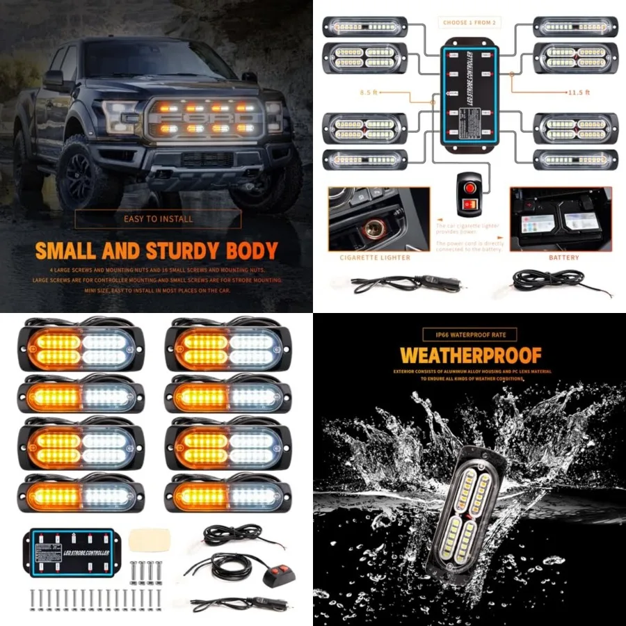

8-pcs Sync Feature LED Emergency Strobe Lights Ultra Slim Grille Surface Mount Flashing Warning Hazard Light Bar w/Controller f