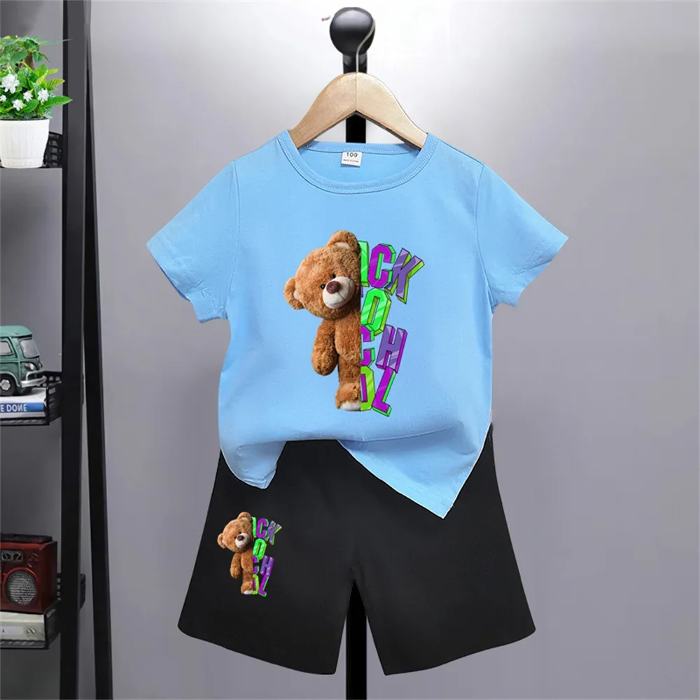 Bear pattern kids T-shirt Pants Kawaii T-shirt Anime Cartoon Kids Casual Clothing 2-piece set Kids Girls Boys Fashion Y2K