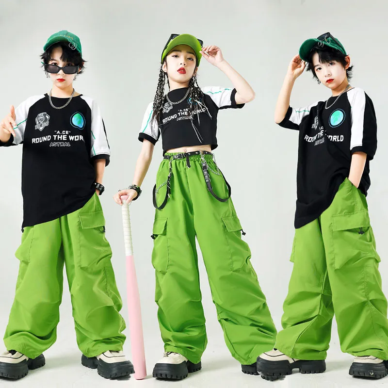 

Детский танцевальный костюм в стиле хип-хоп, джазовый костюм, топ с короткими рукавами, зеленые брюки, костюм для уличных танцев для мальчиков и девочек, школьный костюм для выступлений на сцене AMY96