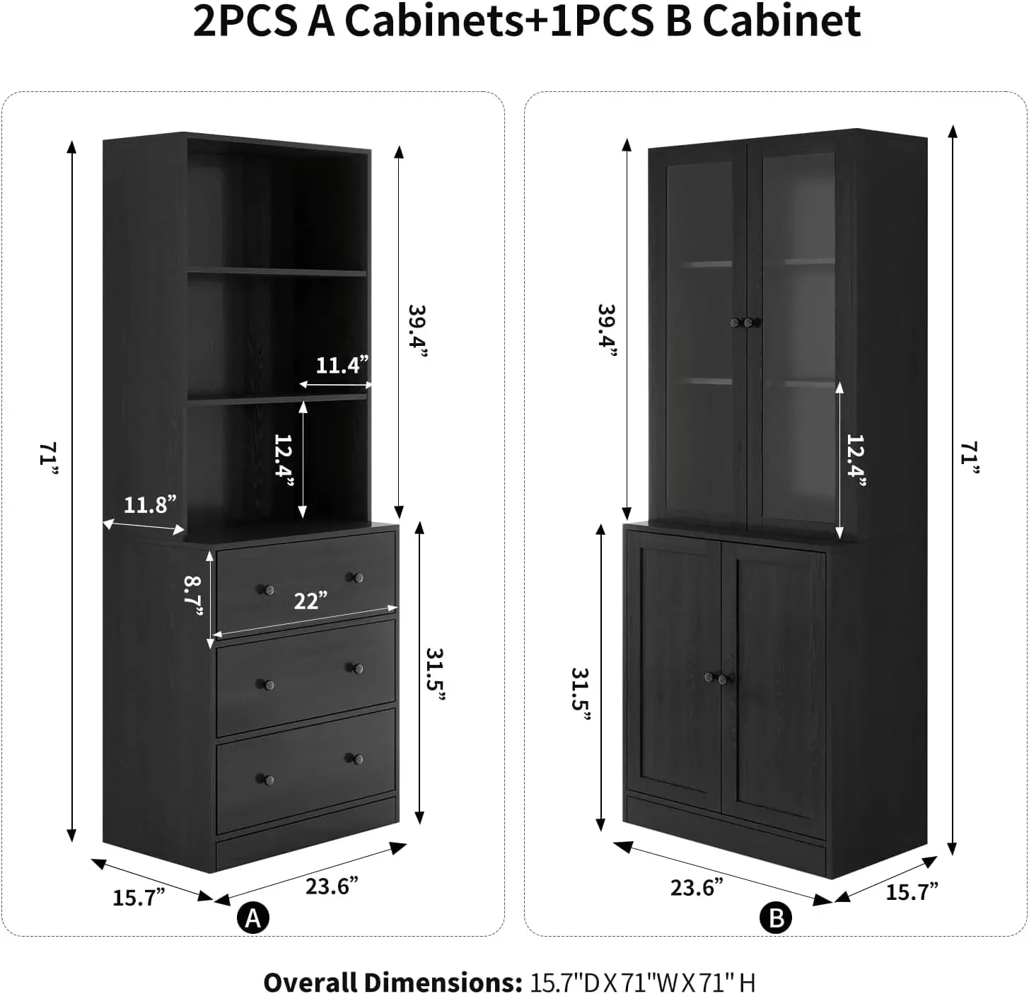 Vertical filing cabinet, 3-layer modern bookshelf with 3 large drawers, wooden filing cabinet with open storage shelves