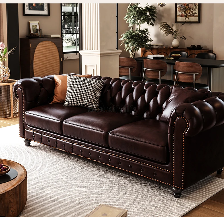 

04American oil wax leather sofa leather living room small apartment straight row three or four people