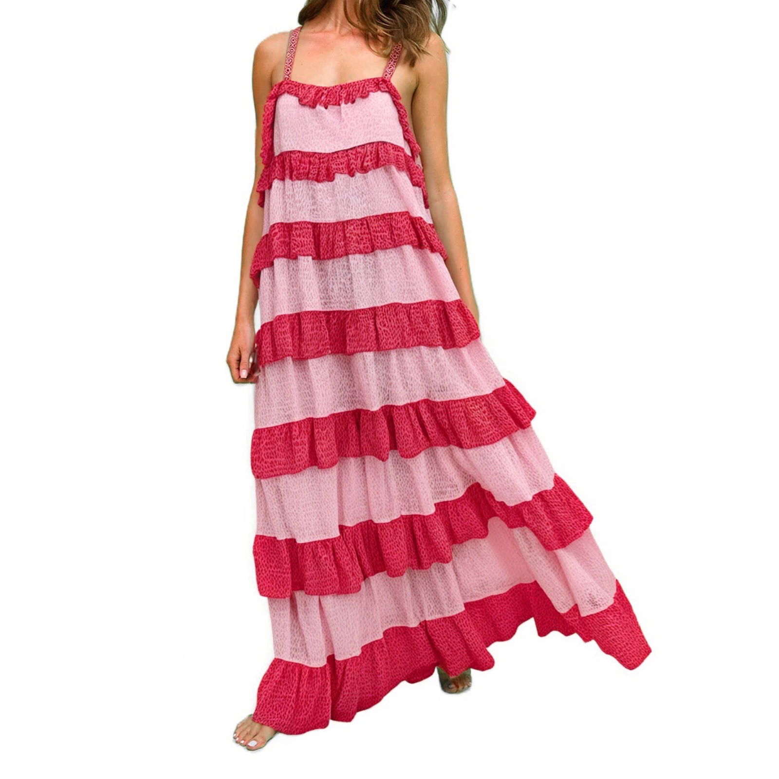 ผู้หญิง Contrast ชั้นยาว Cami ชุดลําลองหลวม Scoop คอสปาเก็ตตี้สายคล้องคอ Backless Tiered Ruffle Dress