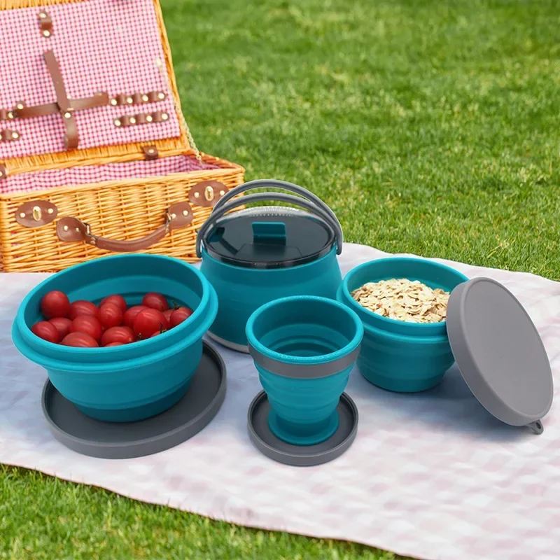 3-4pcs/set Outdoor Camping Cookware Set Folding Kettle Silicone Coffee Cup Portable tableware