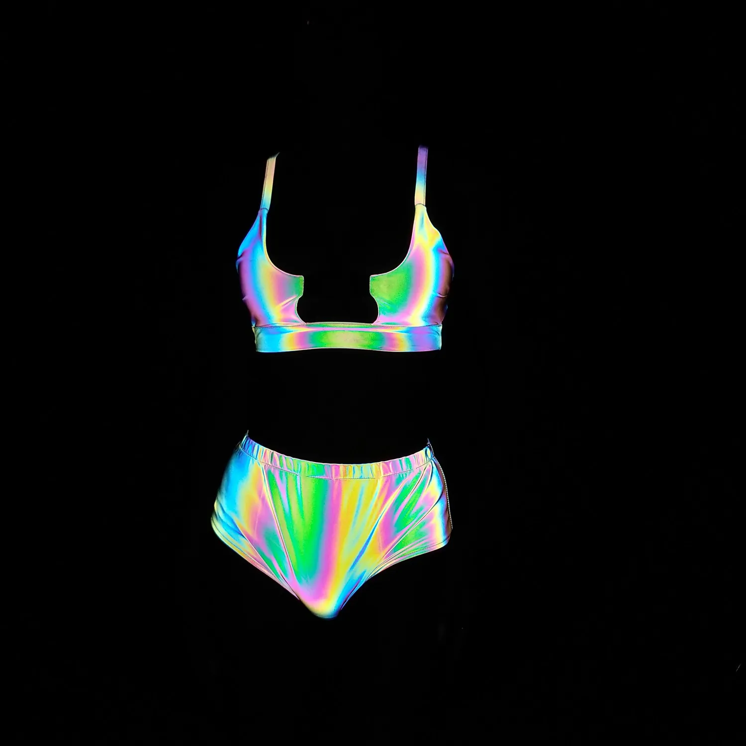 Rainbow Reflective Women Rave Swimsuit Summer 3 Piece Bikini Set Skirt Mini Triangle Buckle Bra Top Swimwears Fit Tight Suit