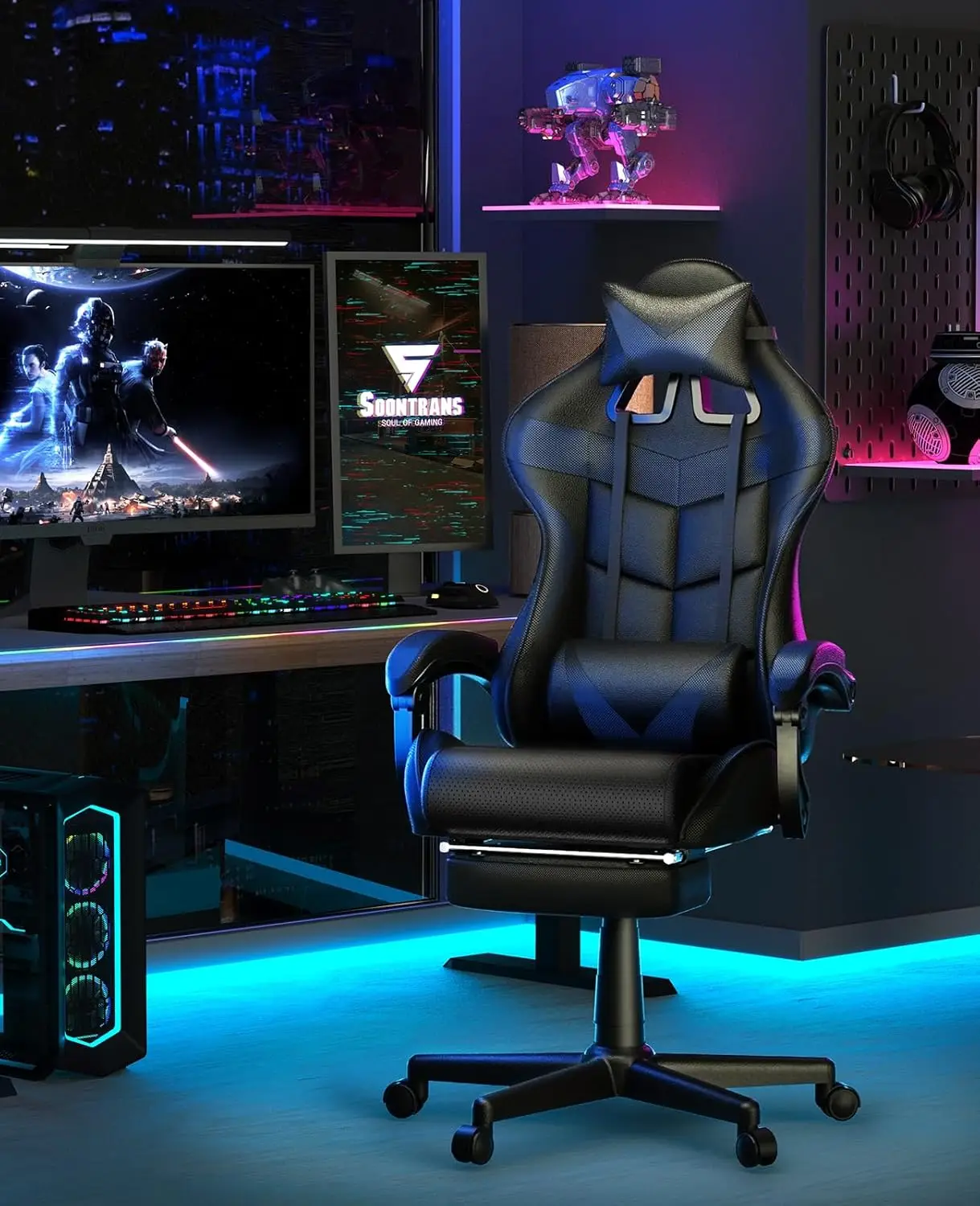 Soontrans Black Gaming Chairs with Footrest, Ergonomic Gamer Chair, Home Office Chair,PC Computer Chair with Headrest and Lumbar