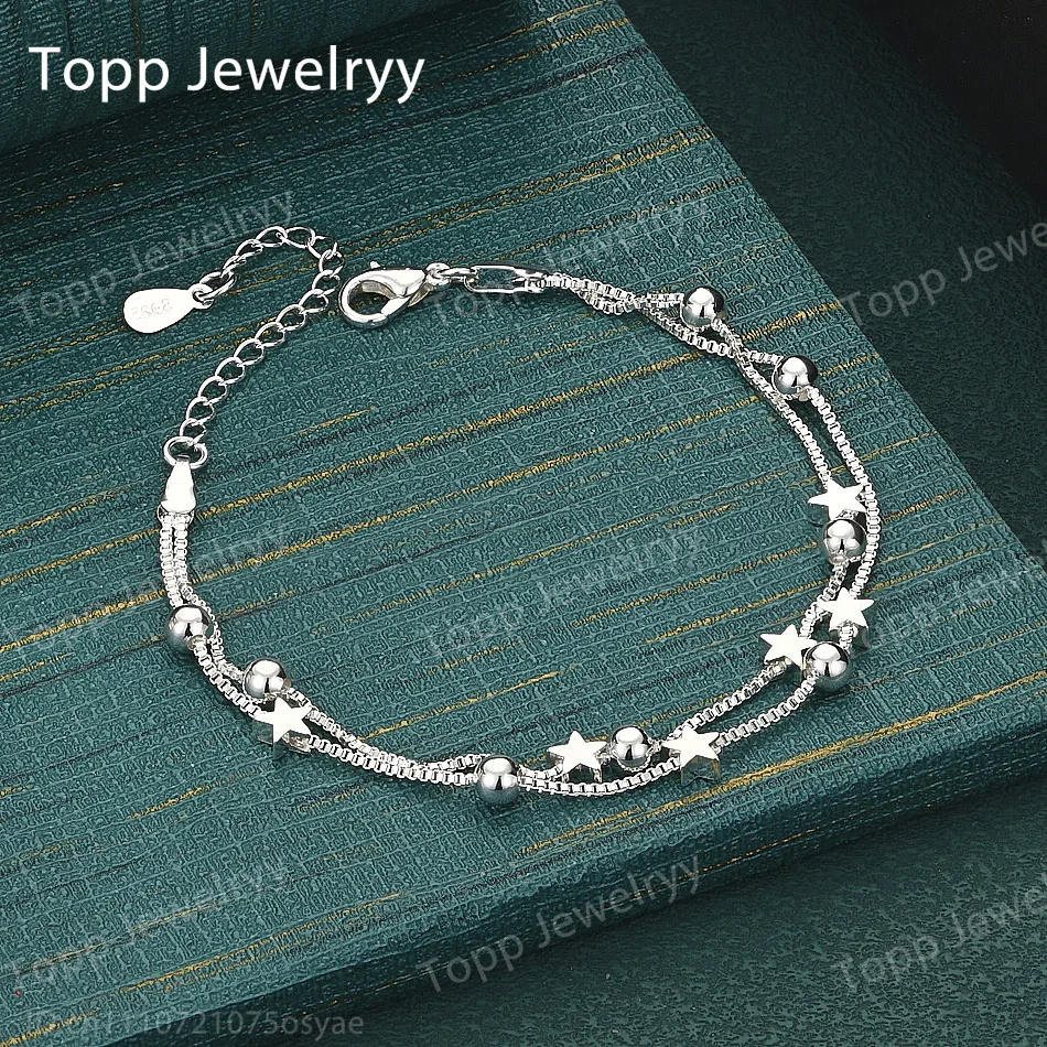 Exquisite 925 Silver Double-Layer Star and Bead Bracelet – Stylish Women's Jewelry for Weddings and Parties