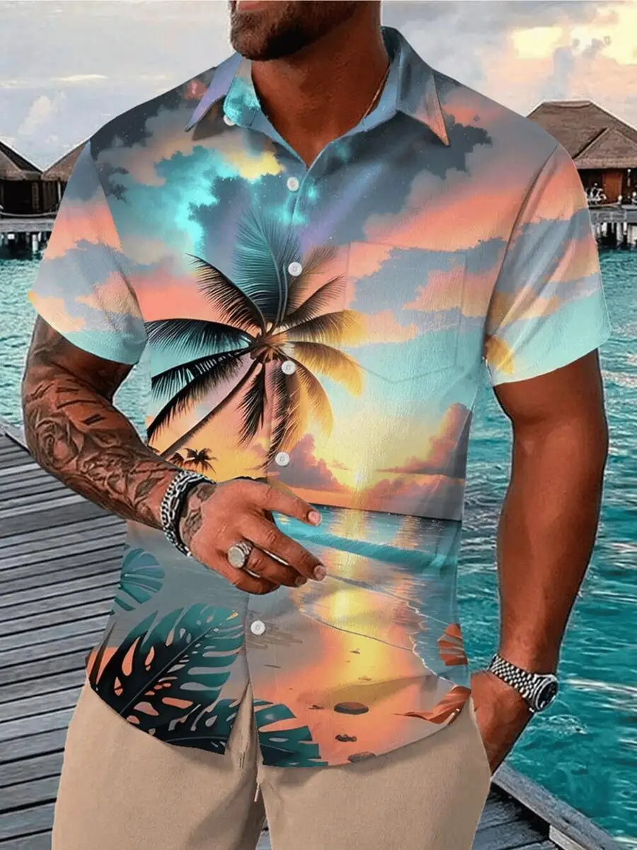 

Mens Tropical Sunset Palm Tree Print 3D Casual Beach Shirt Summer Holiday Outfit