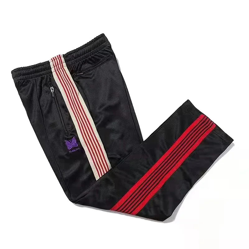 Arrival Casual Butterfly Embroidery Logo Pants Red Track Stripe Webbing Oversize Cotton Trousers Black Zipper Men Women